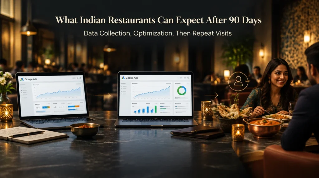 Google Ads for restaurants in India showing 90-day data collection, optimization and repeat visits