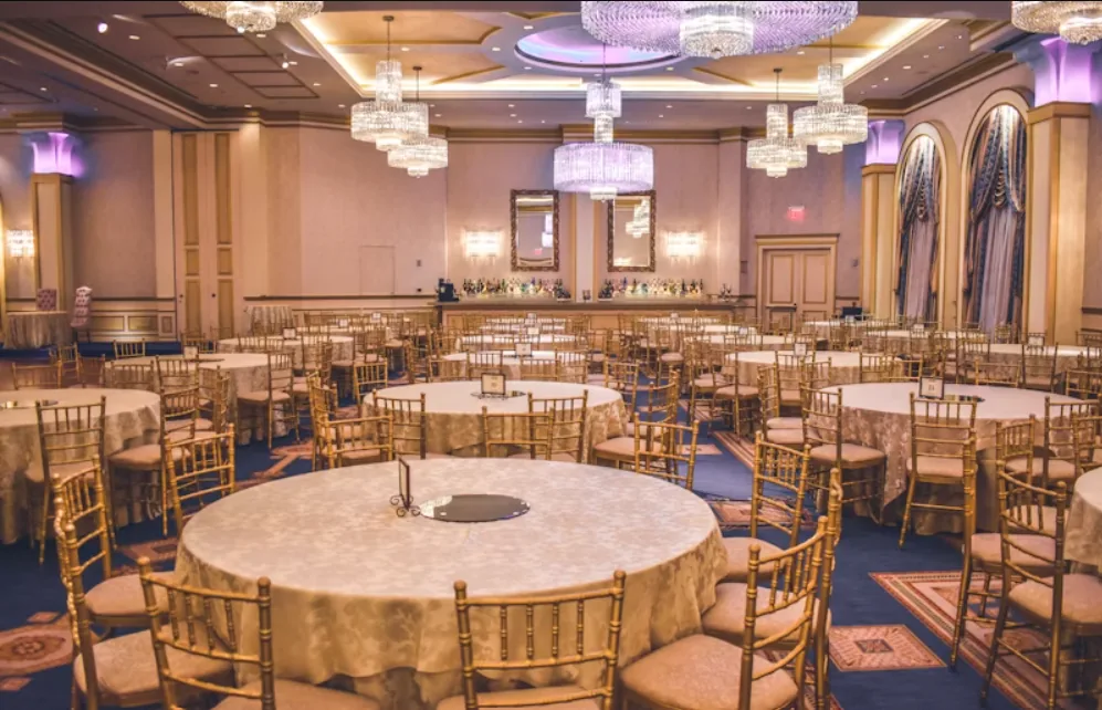 Banquet hall set for a wedding reception