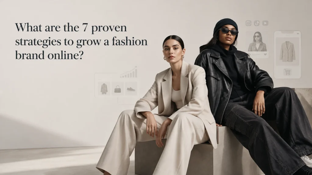7 Strategies to Grow a Fashion Brand Online Premium fashion editorial image illustrating seven proven strategies to grow a fashion brand online.