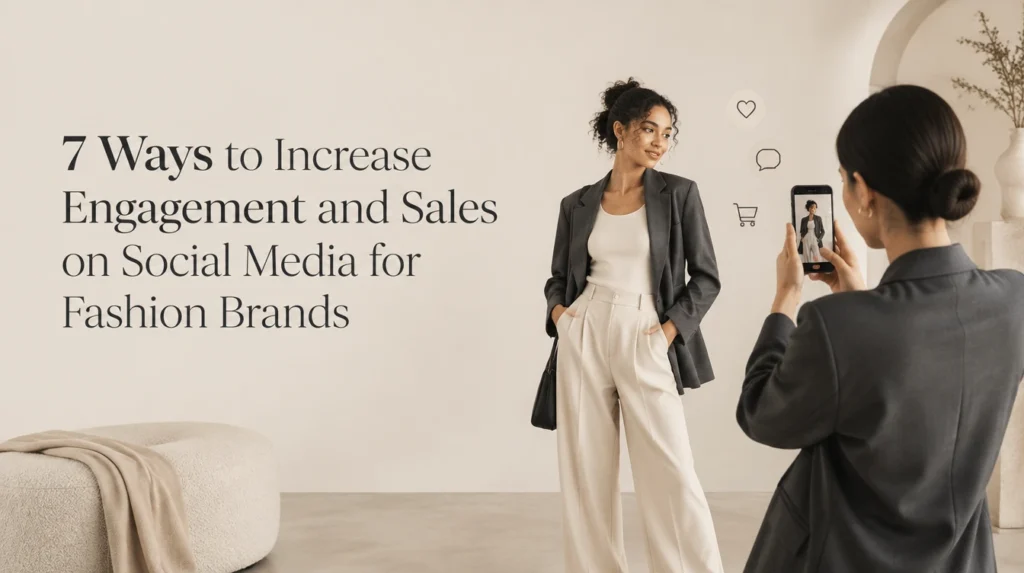 Fashion models and a content creator showcasing social media marketing strategies to increase engagement and sales for fashion brands.