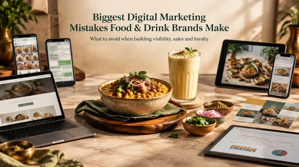 Biggest digital marketing mistakes food and drink brands make, including weak branding, poor content, low conversions, and neglected analytics