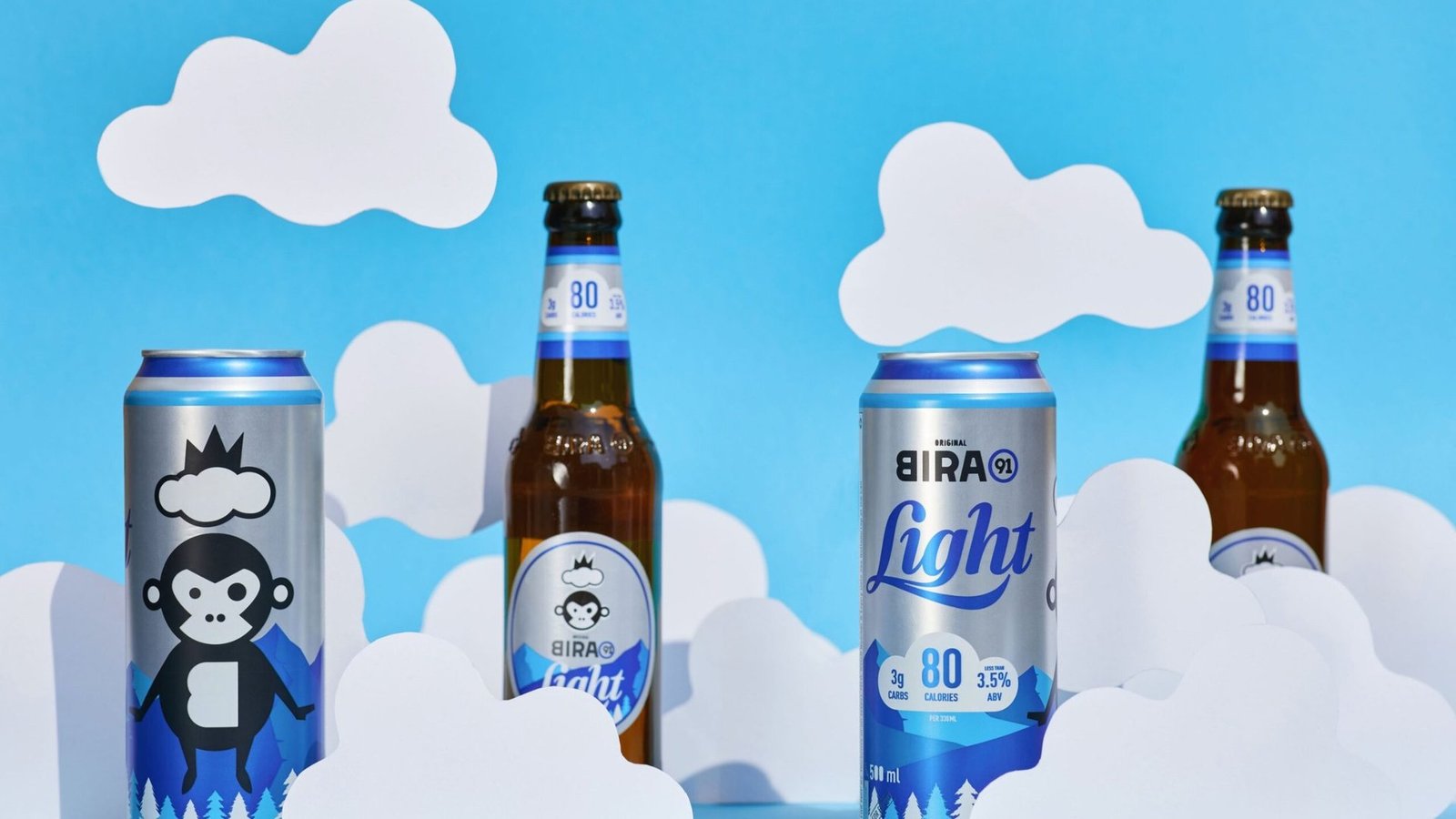 Bira 91 Light bottles and cans among soft clouds