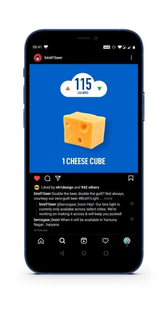 Instagram post, Bira 91 Light vs cheese cube calorie comparison