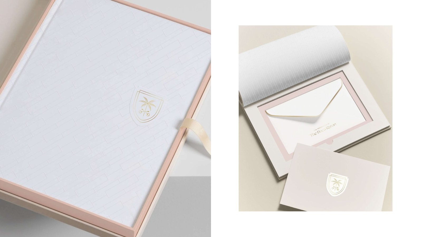 Presentation box, ivory linen with blush edging and foil crest