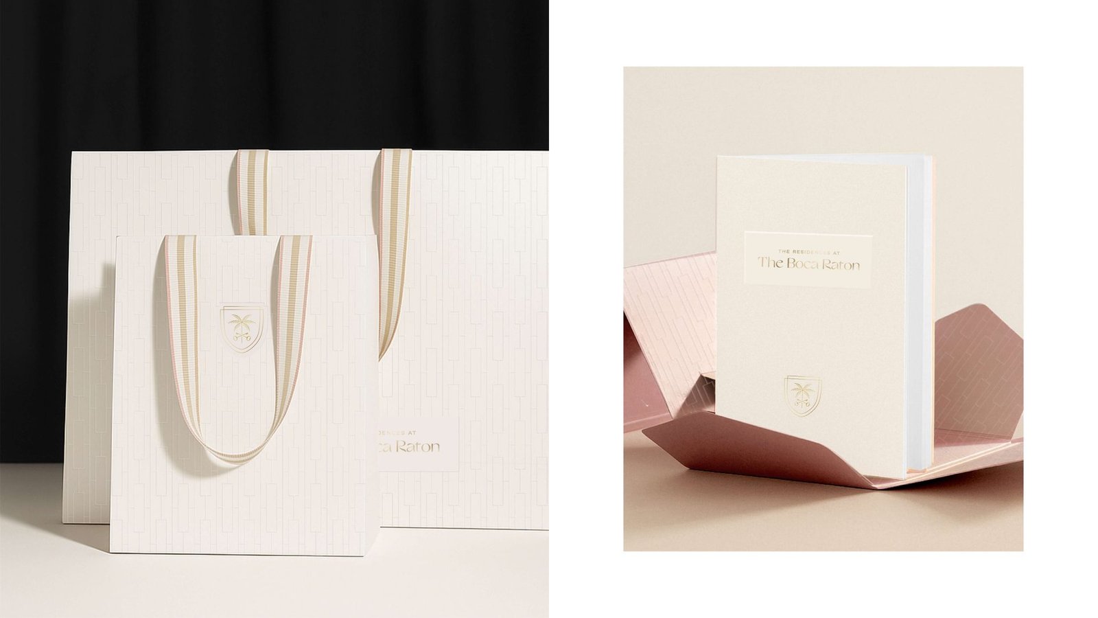 Retail bag and brochure, textured ivory with ribbon handles