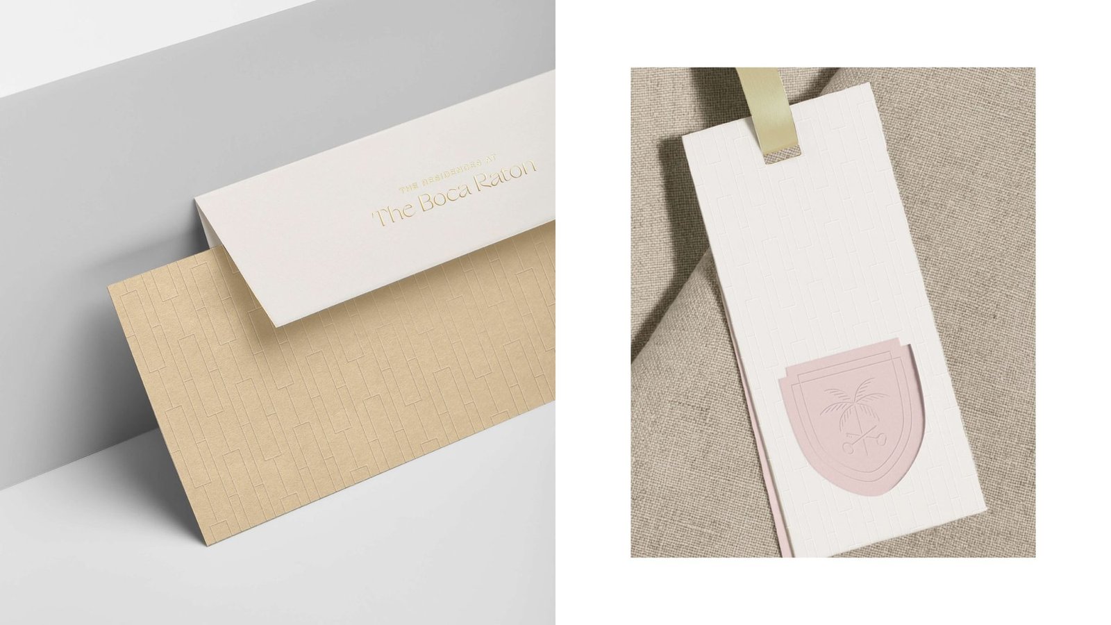 Residences envelopes and hang tags with blush crest