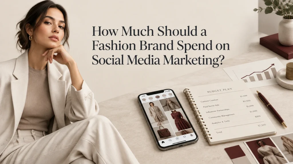 Fashion model and digital marketing workspace illustrating social media budget planning for fashion brands.