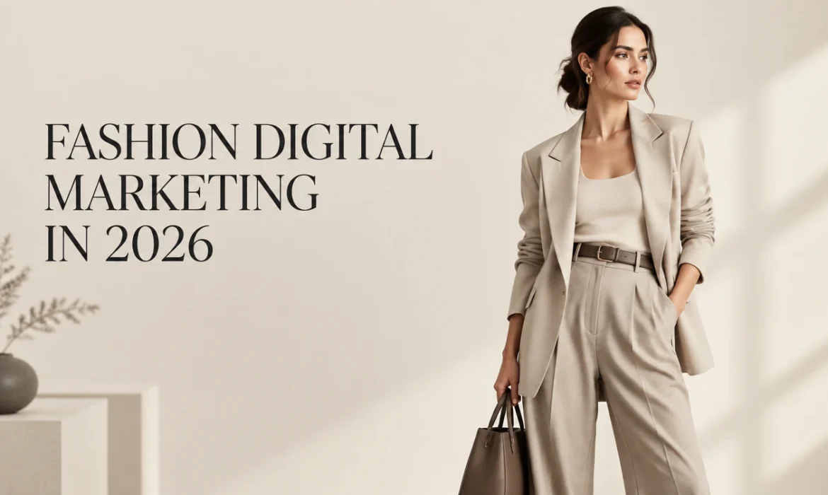 Premium fashion editorial with the heading “Fashion Digital Marketing in 2026,” illustrating modern fashion branding and online growth.