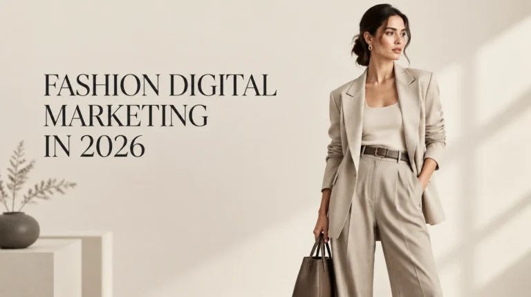 Premium fashion editorial with the heading “Fashion Digital Marketing in 2026,” illustrating modern fashion branding and online growth.