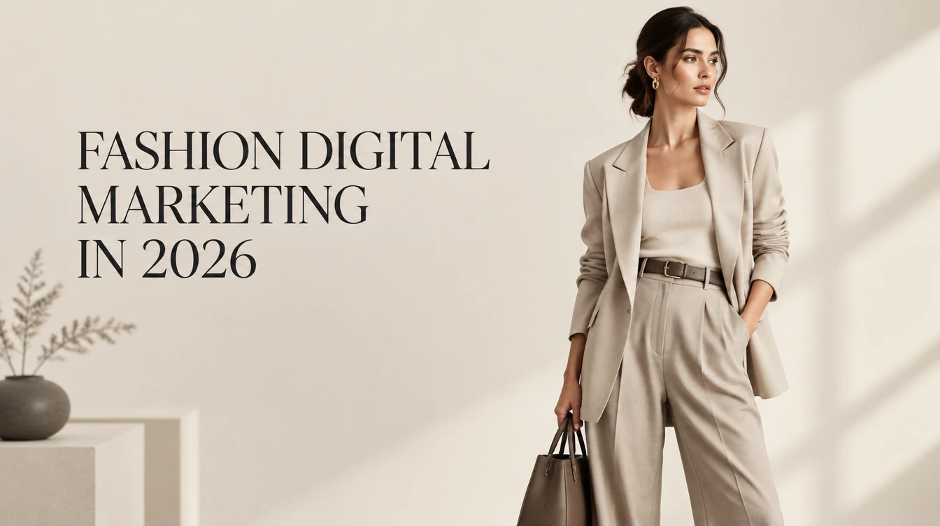Fashion Digital Marketing in 2026 Premium fashion editorial with the heading “Fashion Digital Marketing in 2026,” illustrating modern fashion branding and online growth.