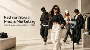 Fashion models showcasing contemporary styles for a fashion social media marketing campaign focused on engagement and sales in 2026.
