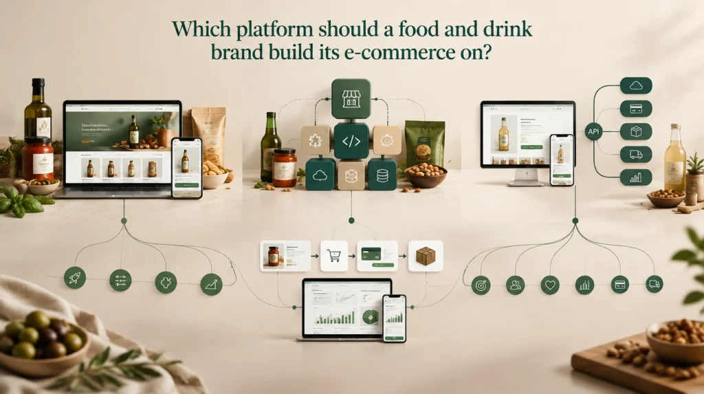 Food and Drink E-Commerce Platform Food and drink e-commerce platform options showing hosted, open-source, and headless commerce architectures