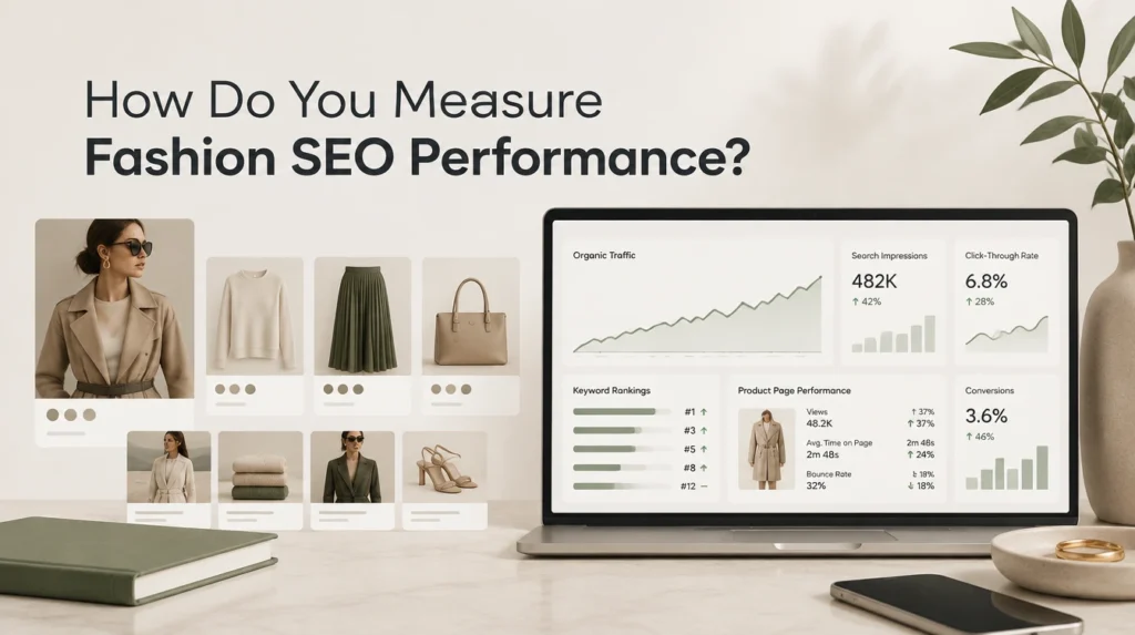 How to Measure Fashion SEO Performance Fashion SEO performance analytics showing organic traffic, keyword rankings, search visibility, and e-commerce metrics.