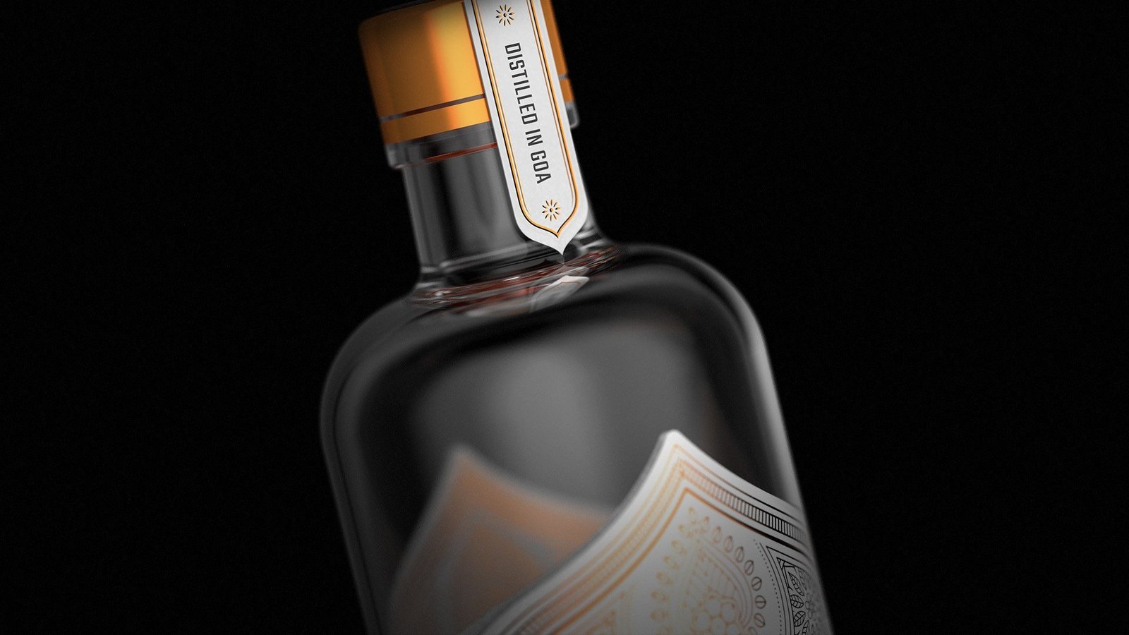 Jin Jiji bottle neck label detail, Distilled in Goa