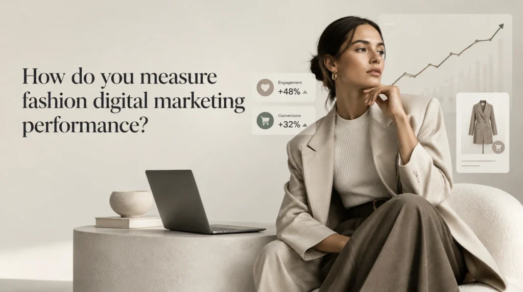 How to Measure Fashion Digital Marketing Performance Premium fashion editorial image illustrating how to measure fashion digital marketing performance using analytics and ecommerce metrics.