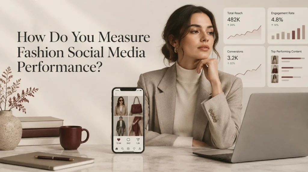Fashion model and social media analytics dashboard illustrating how fashion brands measure engagement, reach, and conversions.