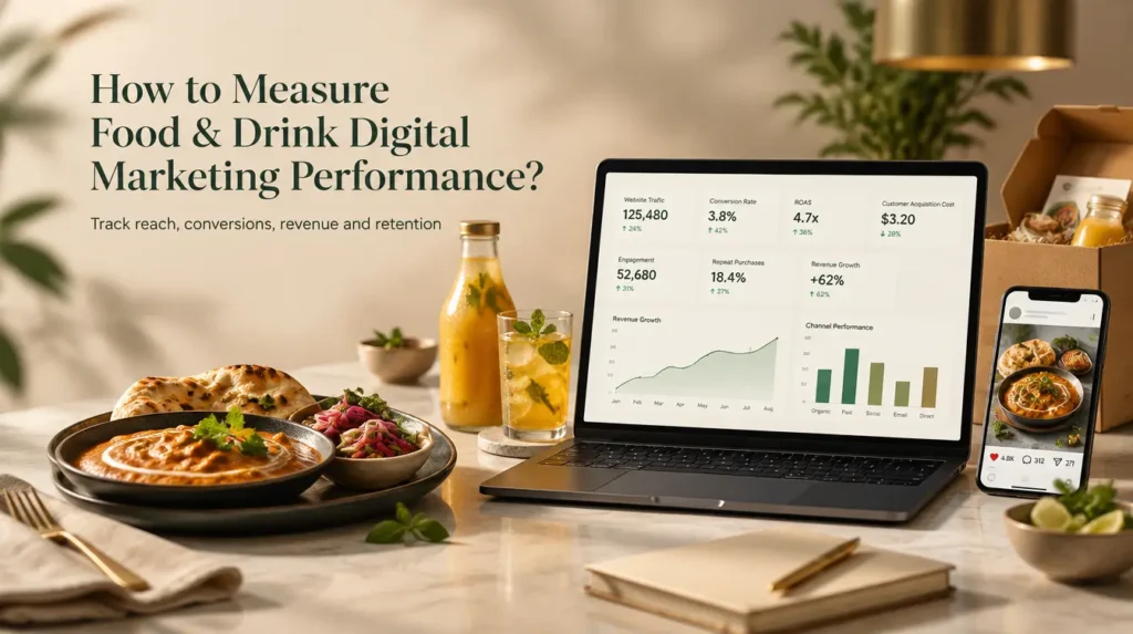 Measuring food and drink digital marketing performance with KPIs, conversions, ROAS, customer retention, and revenue analytics
