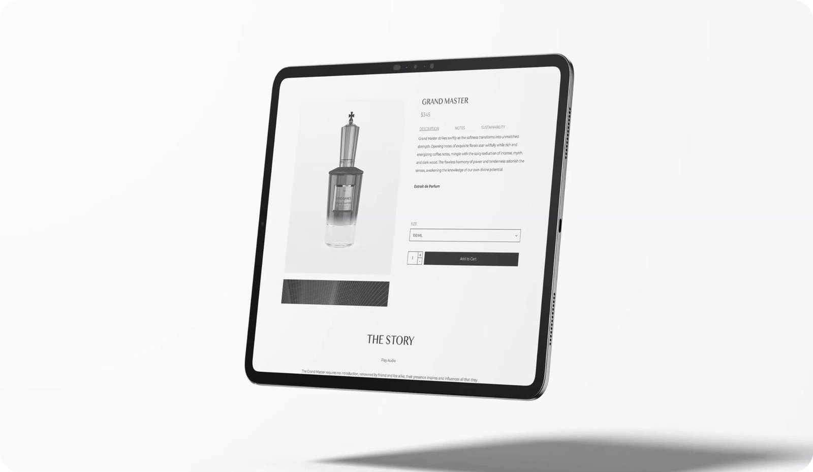 MIND GAMES product detail page shown on iPad, Grand Master scent