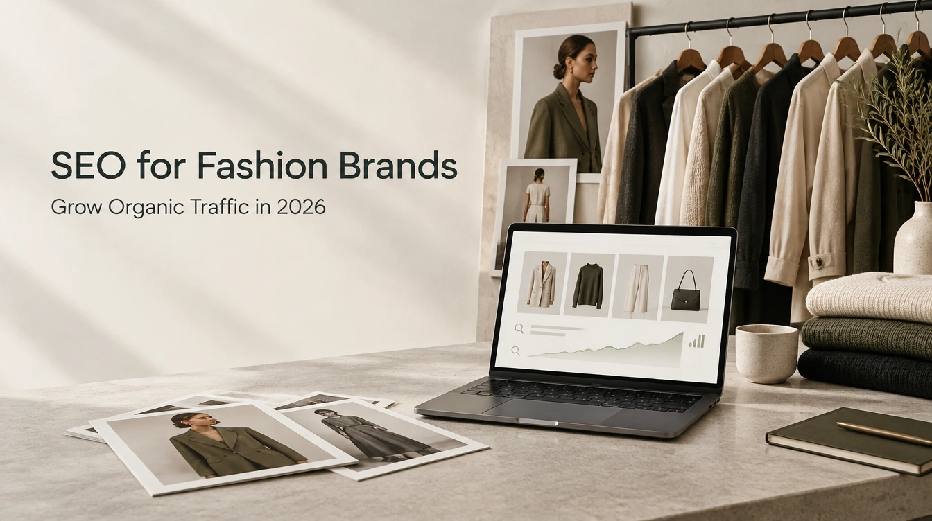 SEO for Fashion Brands That Grows Organic Traffic in 2026 Premium fashion ecommerce setup illustrating SEO strategies for fashion brands to grow organic traffic in 2026.