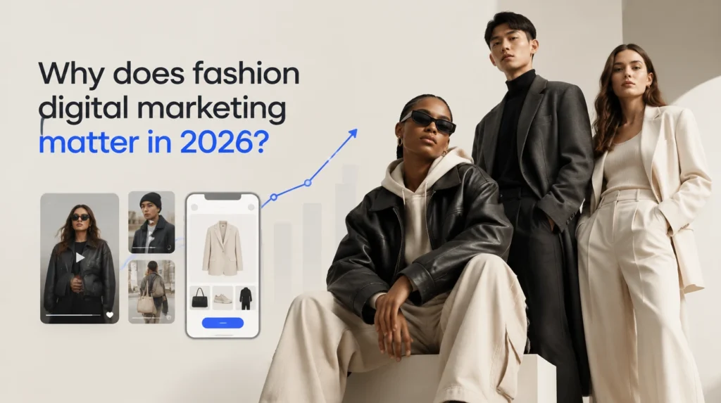 Why Fashion Digital Marketing Matters in 2026 Premium fashion models illustrating why fashion digital marketing matters in 2026, with digital marketing and online shopping visuals.